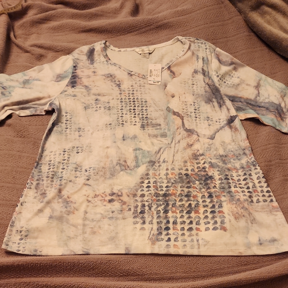 NWT - Christopher & Banks - Artistic Blue and White Print Top